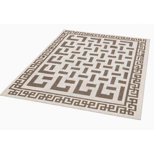 Pamuklu Bukle Lüks Kilim (140x200)-Labirent Kreme Kahve