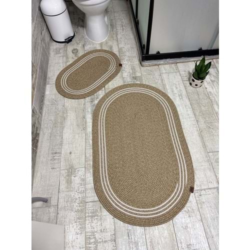 Jüt Hasır 2li Banyo Seti Paspas Takımı-Bej Ortası Aralıklı Beyaz