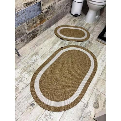 Jüt Hasır 2li Banyo Seti Paspas Takımı-Bej Ortası Kalın Beyaz