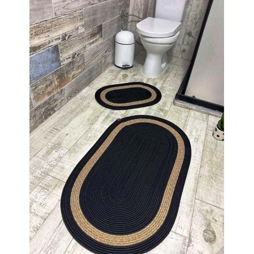 Jüt Hasır 2li Banyo Seti Paspas Takımı-Siyah Ortası Bej