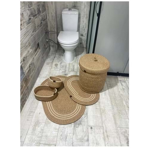 Jüt Hasır 5li Banyo Seti, Çamaşır Sepeti, Paspas Takımı, Oval Sepet-Krem Çizgili v1