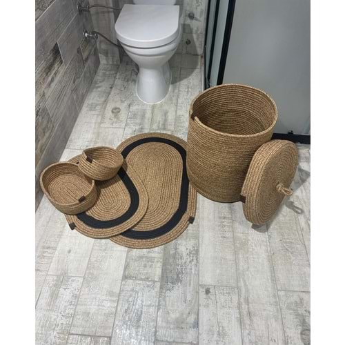 Jüt Hasır 5li Banyo Seti, Çamaşır Sepeti, Paspas Takımı, Oval Sepet-Siyah Çizgili