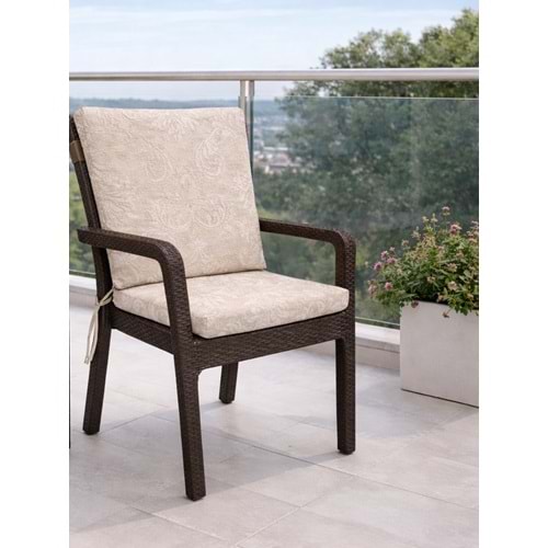 1 Adet Premium Şönil Arkalıklı Sandalye Minderi, Extra Kalın (Kalınlık 4,5cm)-Bej Desenli