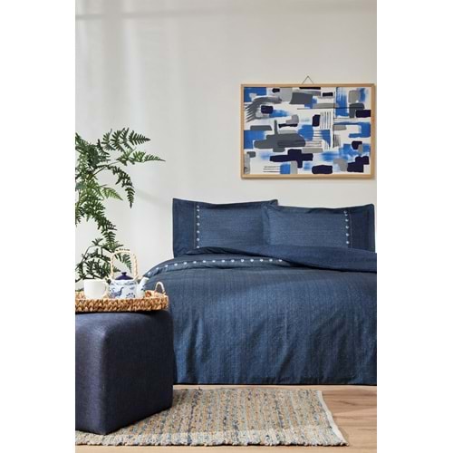 Özdilek Ranforce -Oregon Lacivert- Lastikli Çarşaflı Tek Kişilik Denim Nevresim Takımı