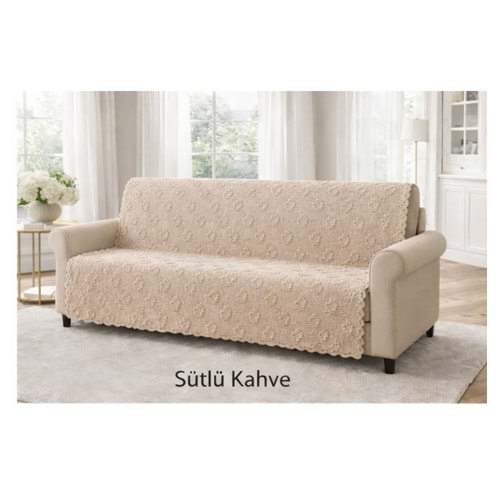 Desenli Sakallı Şönil Kaymaz Koltuk Örtüsü - Sütlü Kahve