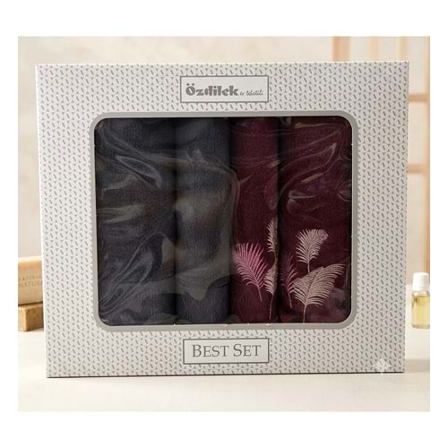 Özdilek Best Hamam Seti, Banyo Havlu Takımı (Büyük Boy)-Golden Palm Antrasit Mürdüm