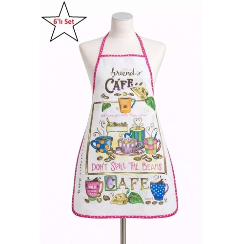 6lı Paket Dijital Baskılı Sıvı Geçirmez Desenli Mutfak Önlüğü - Cafe (Fuşya Biyeli)