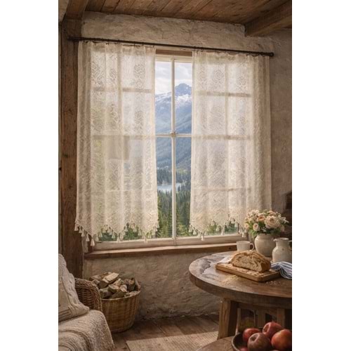 Buldan Tül Perde El İşi Dantelli Gül Desen Rustikli 2 Parcalı (200x160)