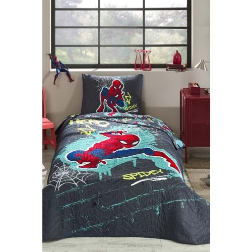 Özdilek Lisanslı Kapitoneli %100 Pamuk Tek Kişilik Çocuk Yatak Örtüsü (160x230)-Spiderman Street Gri