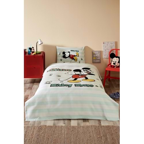 Özdilek Lisanslı Lastikli Çarşaflı Tek Kişilik Çocuk Pike Takımı-Mickey Positive Mint
