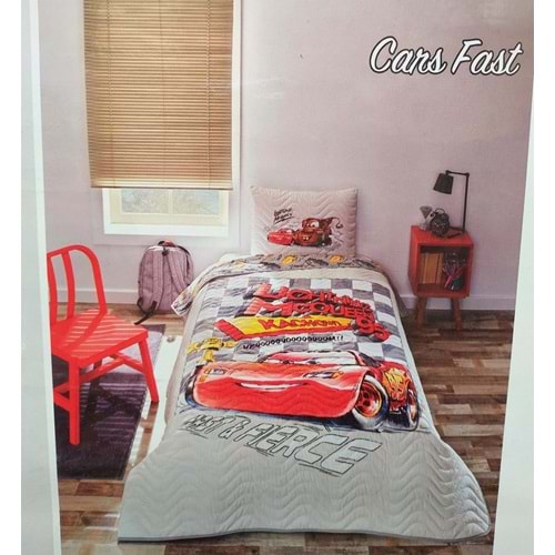 Özdilek Lisanslı Kapitoneli %100 Pamuk Tek Kişilik Çocuk Yatak Örtüsü (160x230)-Mcqueen Cars Fast Gri