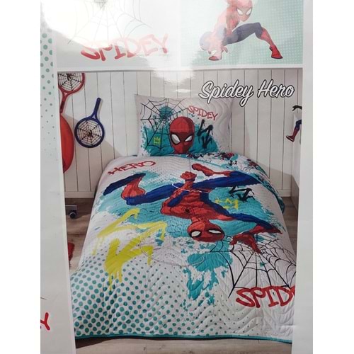 Özdilek Lisanslı Kapitoneli %100 Pamuk Tek Kişilik Çocuk Yatak Örtüsü (160x230)-Spidey Hero Yeşil