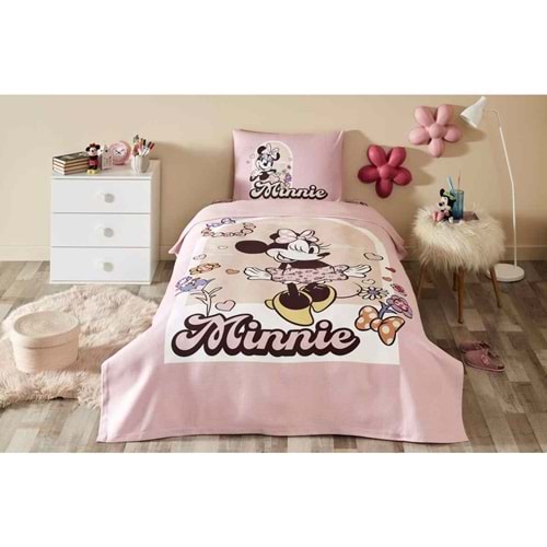 Özdilek Lisanslı Lastikli Çarşaflı Tek Kişilik Çocuk Pike Takımı-Minnie Garden Pembe