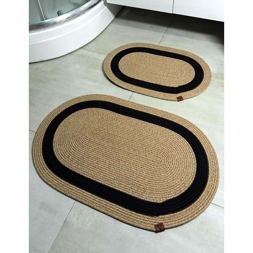 Jüt Hasır 2li Banyo Seti Paspas Takımı-Bej Ortası Kalın Siyah