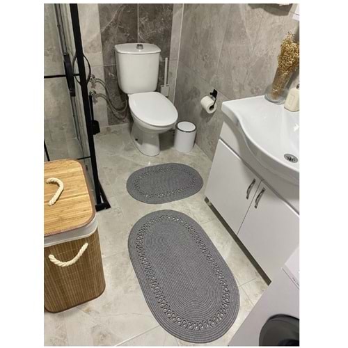Jüt Hasır 2li Banyo Seti Paspas Takımı-Gri Trikotlu