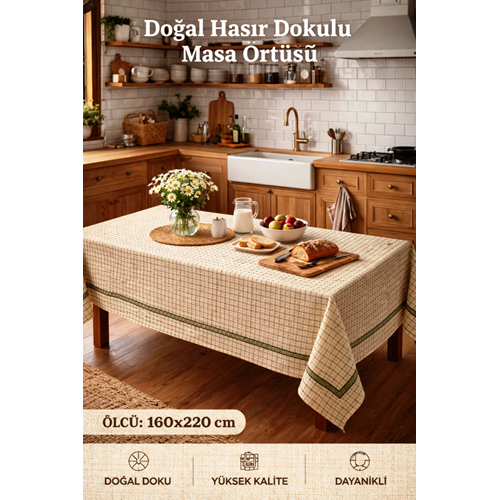 Mandas Hasır Dokulu bordürlü masa örtüsü bej 160*180