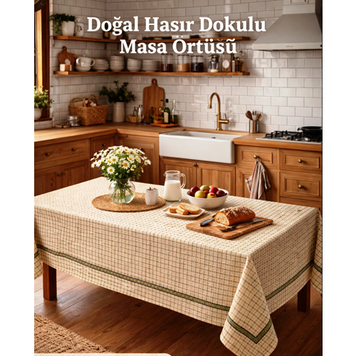 Mandas Hasır Dokulu bordürlü masa örtüsü bej 130*160