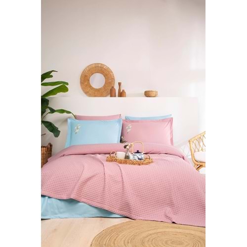 Özdilek Rf Waffle -Pembe Mavi- Tek Kişilik Nakışlı Pike Takımı (2 Yastık Kılıflı)
