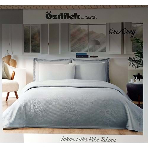Özdilek Rf -Gri- Jakar Lux KP (Z) Çift Kişilik Pike Takımı (4 Yastık Kılıflı)