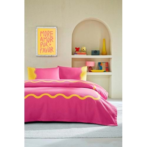 Özdilek Rf -Neon Wave Pembe- Lastikli Çarşaflı Tek Kişilik Pike Takımı