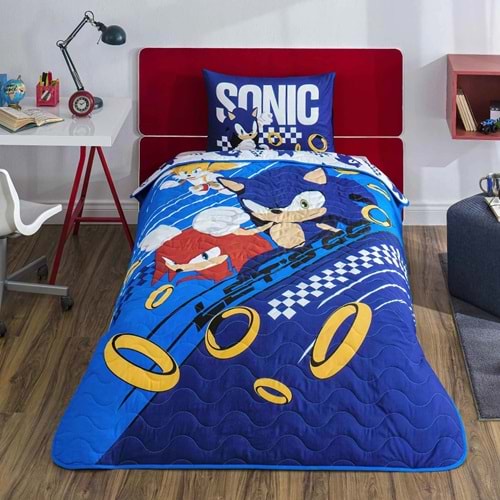 Taç Lisanslı Sonic Mavi Pamuklu Çocuk Yatak Örtüsü Seti (160x230)