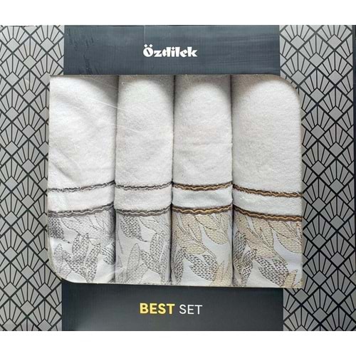 Özdilek 4 Parça Hamam Seti -Frond Yeşil Kahve- (Banyo Havlusu Büyük Boy), Havlu Seti
