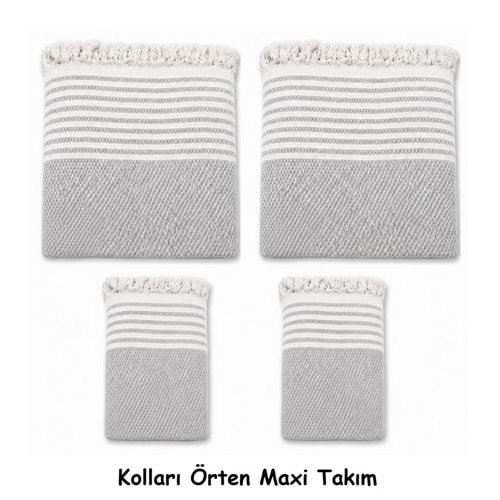 Pamuklu Kaymaz Hasır Dokuma Kolları Örten Maxi Takım Koltuk Örtüsü (3+3+1+1) - Açık Gri