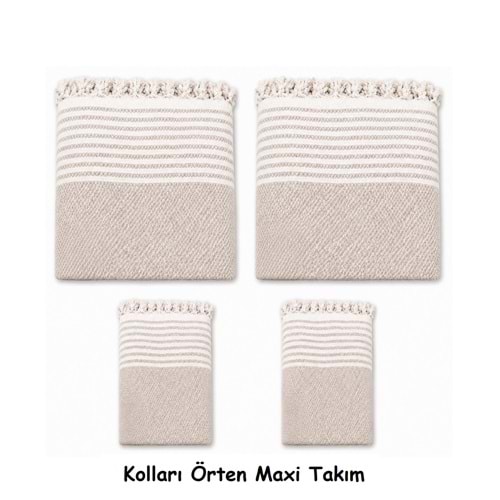 Pamuklu Kaymaz Hasır Dokuma Kolları Örten Maxi Takım Koltuk Örtüsü (3+3+1+1) - Bej