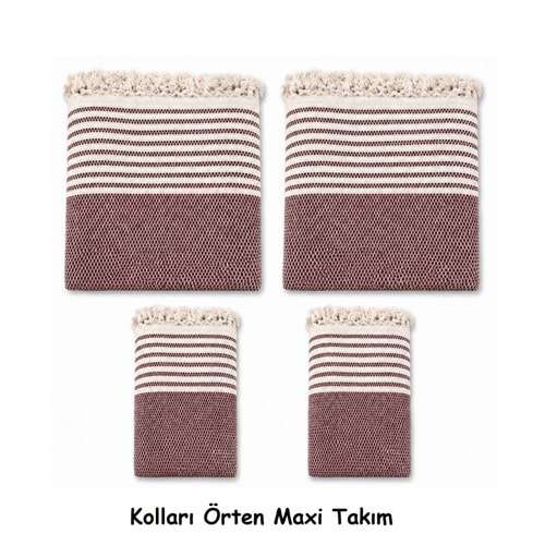 Pamuklu Kaymaz Hasır Dokuma Kolları Örten Maxi Takım Koltuk Örtüsü (3+3+1+1) - Bordo