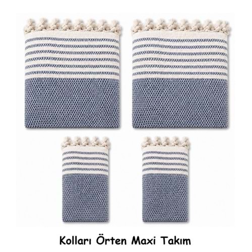 Pamuklu Kaymaz Hasır Dokuma Kolları Örten Maxi Takım Koltuk Örtüsü (3+3+1+1) - İndigo