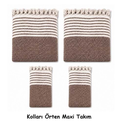 Pamuklu Kaymaz Hasır Dokuma Kolları Örten Maxi Takım Koltuk Örtüsü (3+3+1+1) - Kahverengi