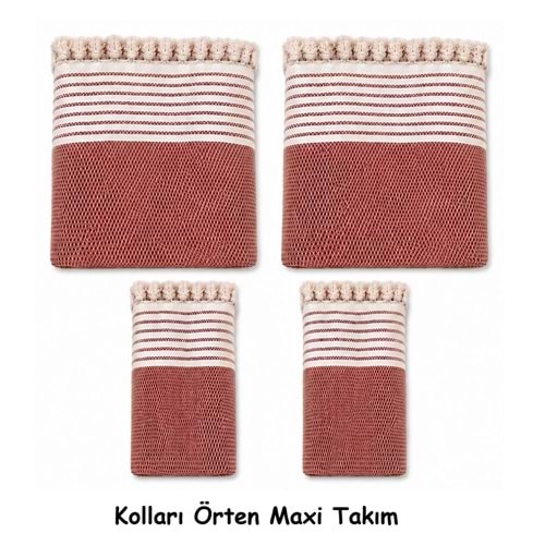 Pamuklu Kaymaz Hasır Dokuma Kolları Örten Maxi Takım Koltuk Örtüsü (3+3+1+1) - Kiremit