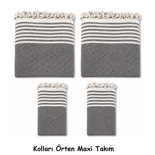Pamuklu Kaymaz Hasır Dokuma Kolları Örten Maxi Takım Koltuk Örtüsü (3+3+1+1) - Koyu Gri