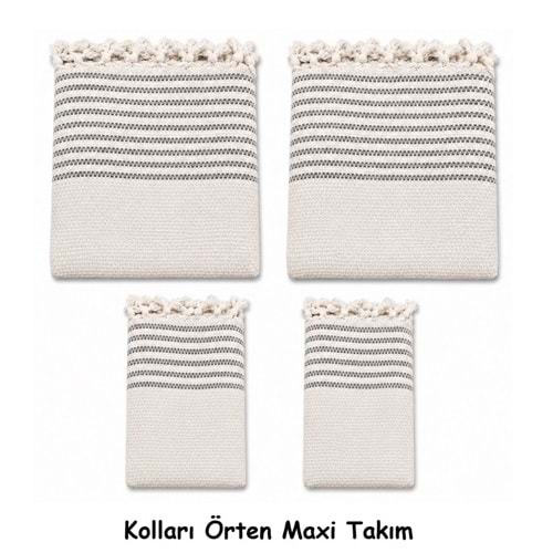 Pamuklu Kaymaz Hasır Dokuma Kolları Örten Maxi Takım Koltuk Örtüsü (3+3+1+1) - Kreme Gri