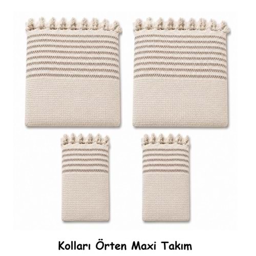Pamuklu Kaymaz Hasır Dokuma Kolları Örten Maxi Takım Koltuk Örtüsü (3+3+1+1) - Kreme Kahve