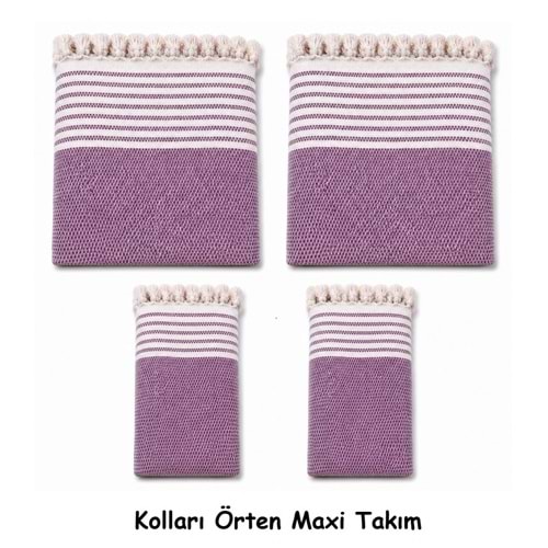 Pamuklu Kaymaz Hasır Dokuma Kolları Örten Maxi Takım Koltuk Örtüsü (3+3+1+1) - Leylak