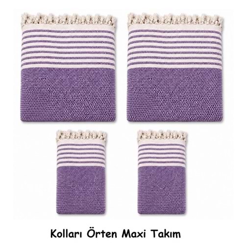 Pamuklu Kaymaz Hasır Dokuma Kolları Örten Maxi Takım Koltuk Örtüsü (3+3+1+1) - Mor