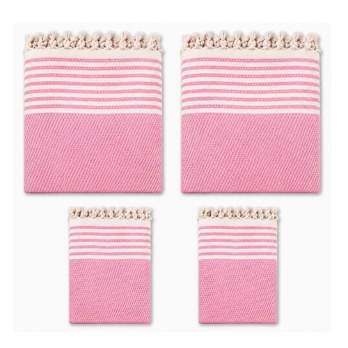 Pamuklu Kaymaz Hasır Dokuma Kolları Örten Maxi Takım Koltuk Örtüsü (3+3+1+1) - Pembe