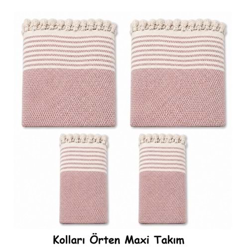 Pamuklu Kaymaz Hasır Dokuma Kolları Örten Maxi Takım Koltuk Örtüsü (3+3+1+1) - Pudra