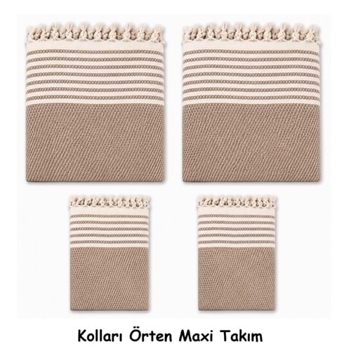 Pamuklu Kaymaz Hasır Dokuma Kolları Örten Maxi Takım Koltuk Örtüsü (3+3+1+1) - Sütlü Kahve