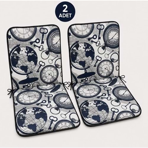 2 Adet Rattan Arkalıklı Sandalye Minderi (Kalınlık 4cm)-Saat Desen Lacivert