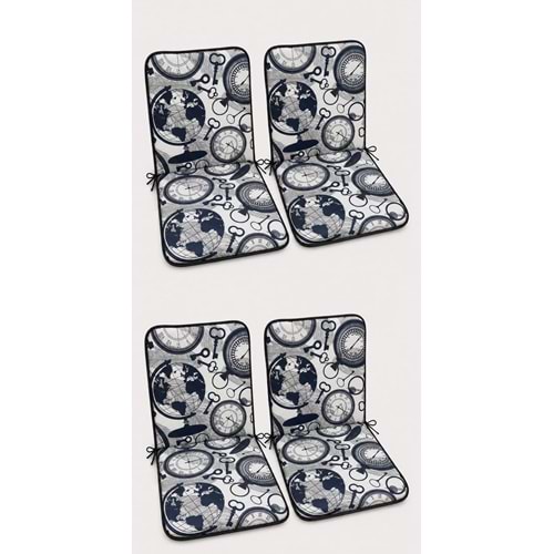4 Adet Rattan Arkalıklı Sandalye Minderi (Kalınlık 4cm)-Saat Desen Lacivert