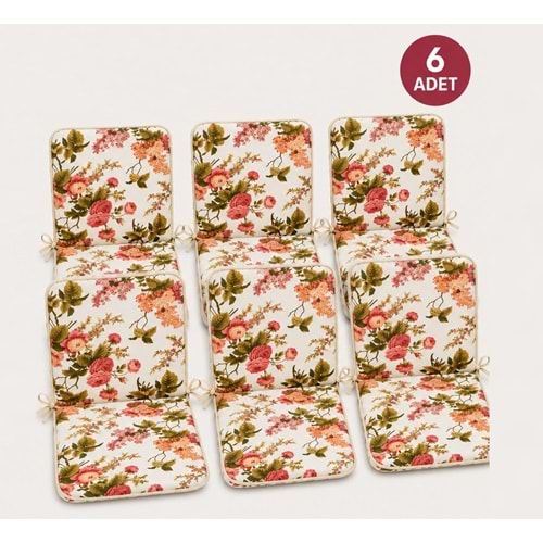 6 Adet Rattan Arkalıklı Sandalye Minderi (Kalınlık 4cm)-İngiliz Gülü (Pamuklu Kumaş)