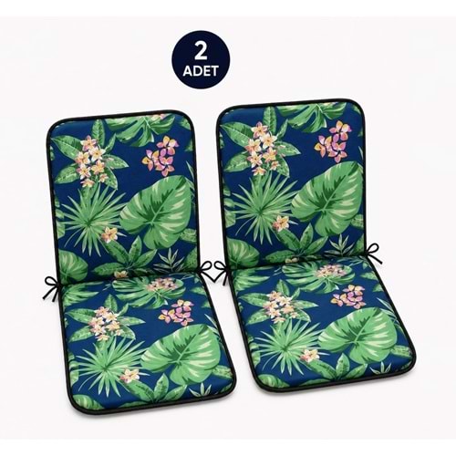 2 Adet Rattan Arkalıklı Sandalye Minderi (Kalınlık 4cm)-Tropikal Yeşil