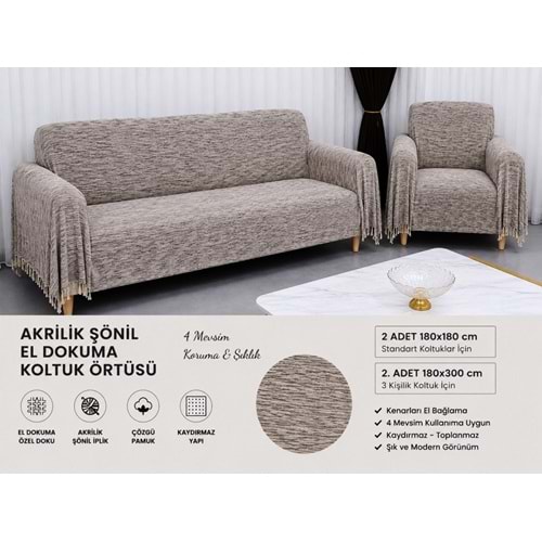 Mandaş Şönil Dokuma Koltuk Örtüsü Maxi Takım 3+3+1+1 gri