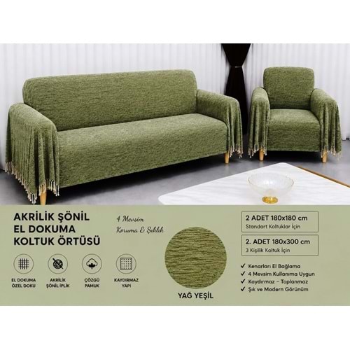 Mandaş Şönil Dokuma Koltuk Örtüsü Maxi Takım 3+3+1+1 açık yağ yeşil