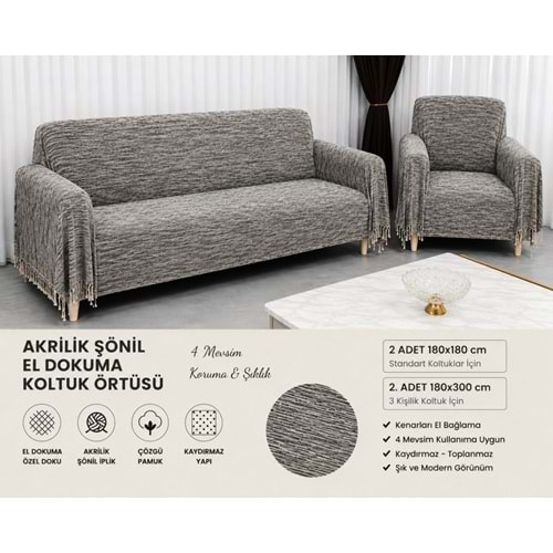 Mandaş Şönil Dokuma Koltuk Örtüsü Maxi Takım 3+3+1+1 k gri