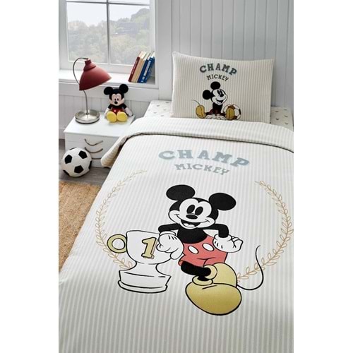 Özdilek Lisanslı Lastikli Çarşaflı Tek Kişilik Çocuk Pike Takımı-Mickey Mouse Champ Krem