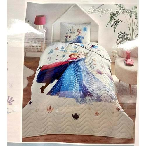 Özdilek Lisanslı Kapitoneli Pike %100 Pamuk Tek Kişilik Çocuk Yatak Örtüsü (160x230)-Frozen Love Krem