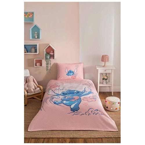 Özdilek Lisanslı Lastikli Çarşaflı Tek Kişilik Çocuk Pike Takımı-Stitch Aloha Pembe